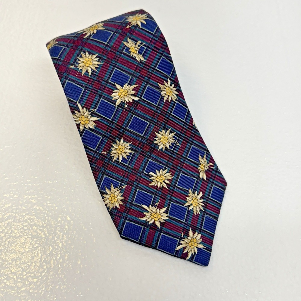 Faconnable Silk Tie Mens OS Blue Plaid Edelweiss Floral French‎ Alpine Preppy